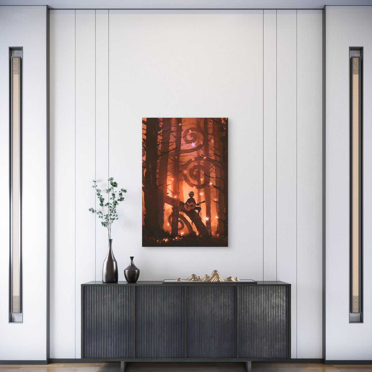 Young Man Playing Guitar in Fantasy Autumn Forest Metal Print Ready to Hang