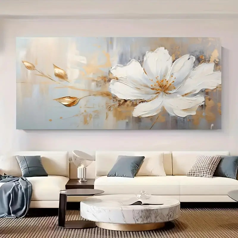 Modern Abstract White Floral with Golden Accents Wall Art wall canvas office home room framed 120x60cm