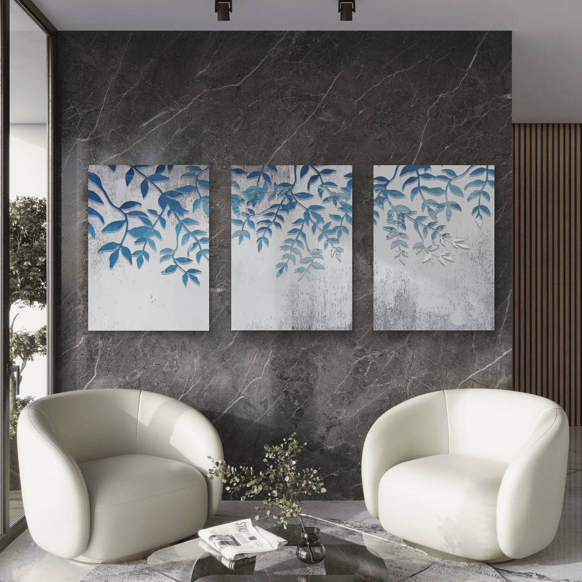 3pcs Blue Botanical Watercolor Leaf Wall Art Set Canvas Framed 60x90cm - High Quality Print 100% Australian Made Wall Canvas Ready to Hang
