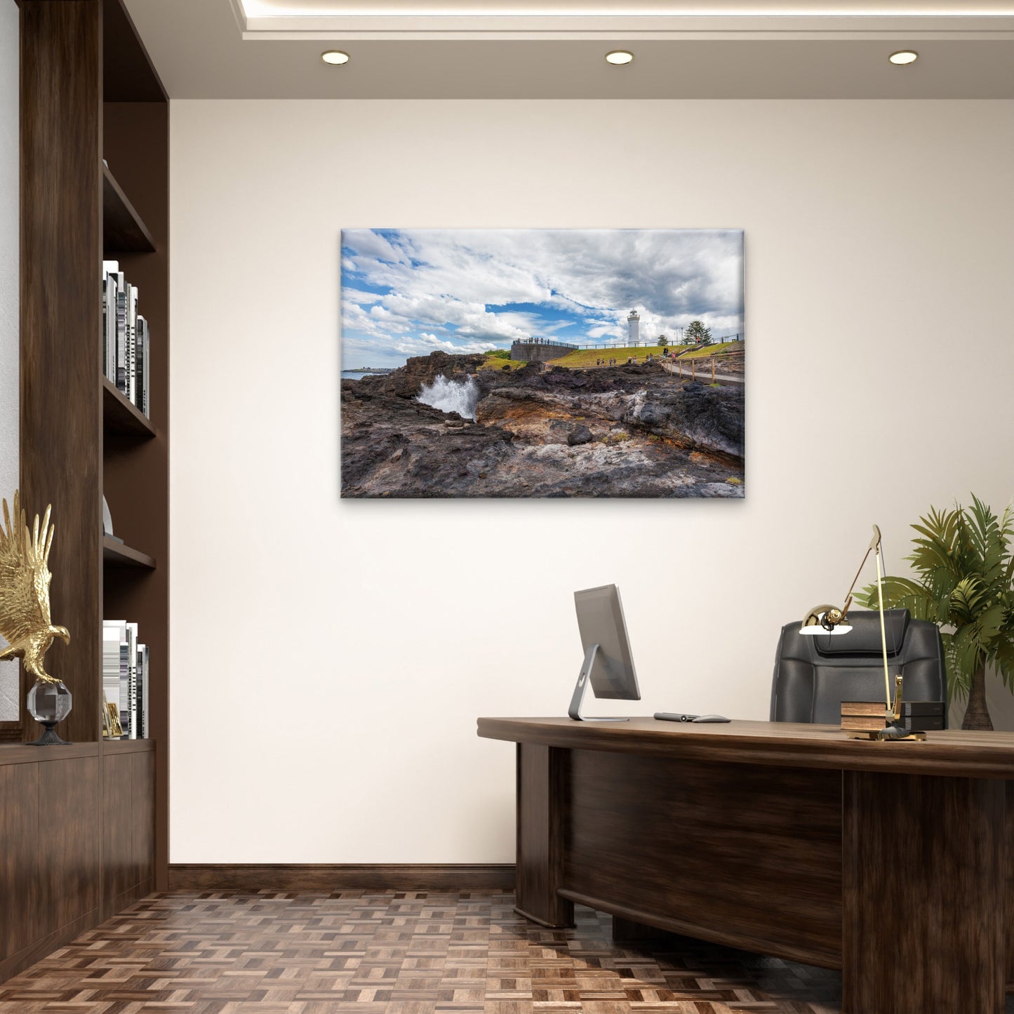 Kiama Lighthouse with water spraying out of the blowhole, Sydney, New South Wales (NSW), Australia Canvas Print Wall Art Decor 100% Australian Made