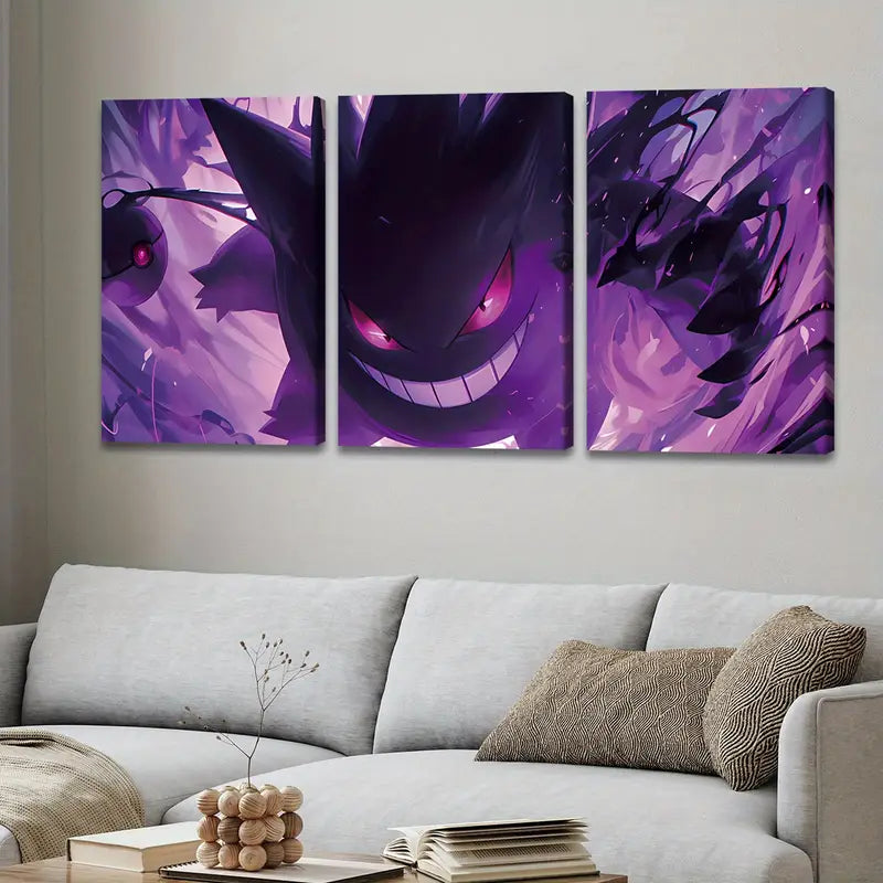 3pcs Pocket Elf & Gastly Pet Fight Anime Wall Art Set Canvas Framed 60x90cm - High Quality Print 100% Australian Made Wall Canvas Ready to Hang