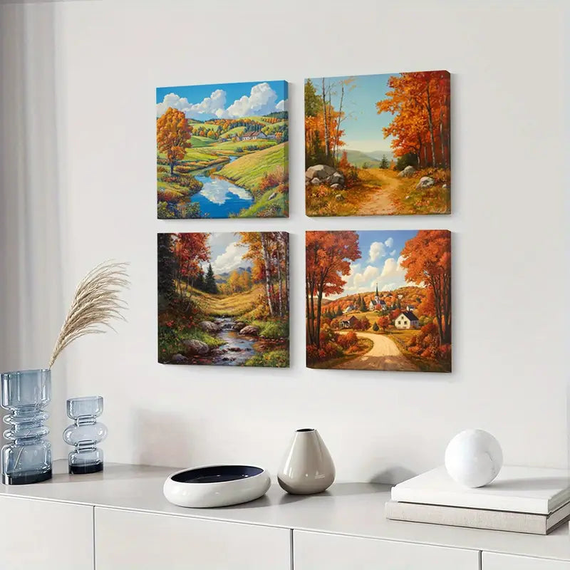 4pcs Autumn River Aesthetic Wall Art Canvas Framed