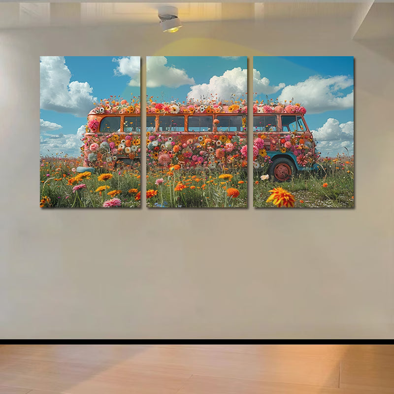 3pcs Vintage Bus Covered in Vibrant Flowers Wall Art Set Canvas Framed 40x60cm - High Quality Print 100% Australian Made Wall Canvas Ready to Hang