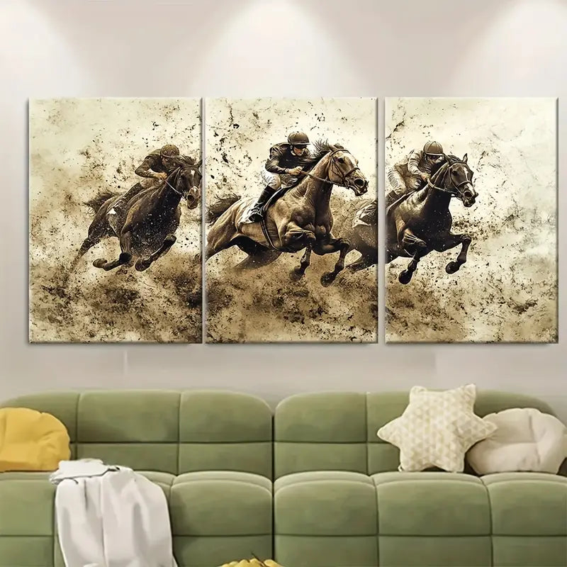 3pcs Vintage Horse Racing Wall Art Set Canvas Framed 50x70cm - High Quality Print 100% Australian Made Wall Canvas Ready to Hang