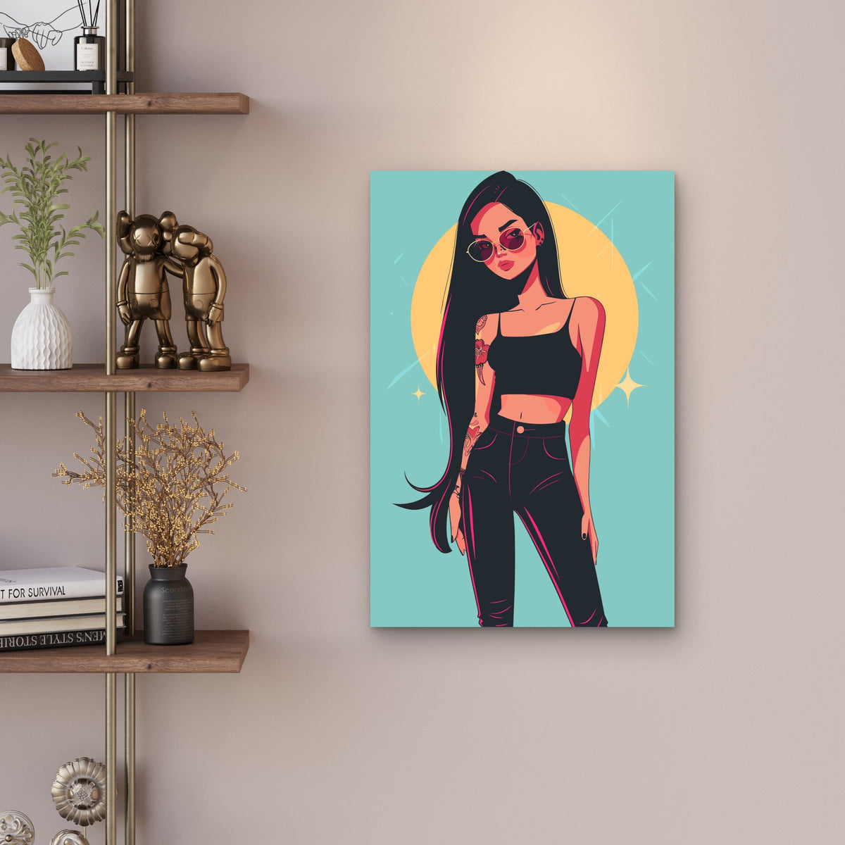 Stylish Pop Art Illustration Of A Girl In Black Cloth Metal Print Ready to Hang