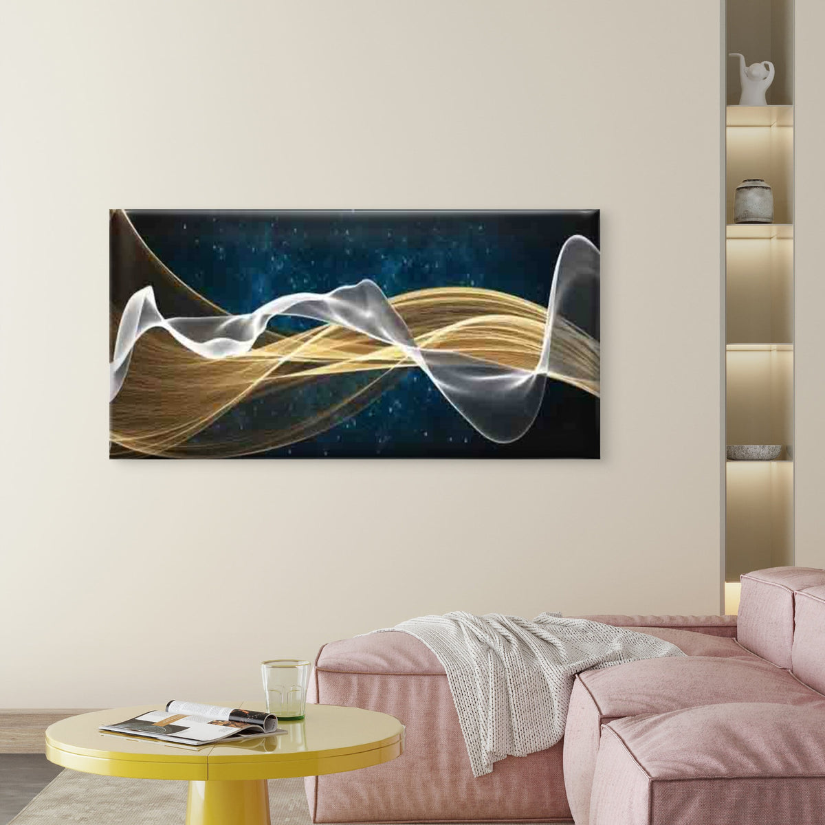 Golden Waves Flowing Wall Art Canvas Office Home Room Framed 120x60cm