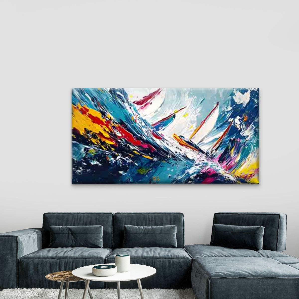 Sailboat Navigating Through Wav Wall Art Canvas Office Home Room Framed 120x60cm