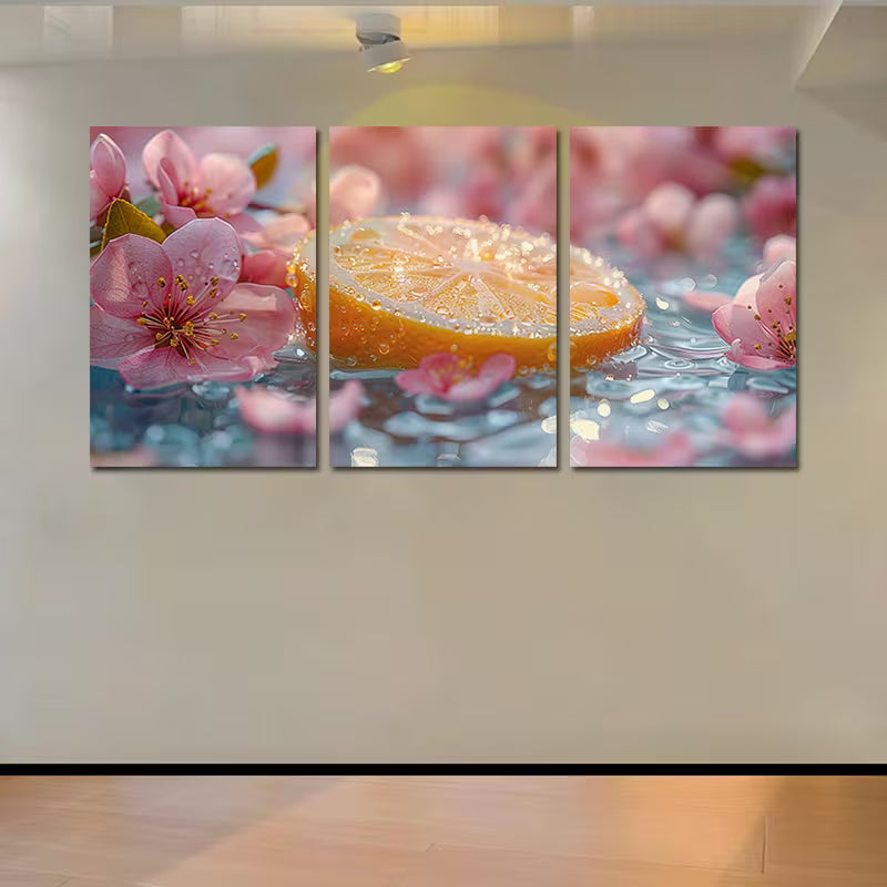 3pcs Sliced lemon in water with Florals Wall Art Set Canvas Framed 40x60cm - High Quality Print 100% Australian Made Wall Canvas Ready to Hang