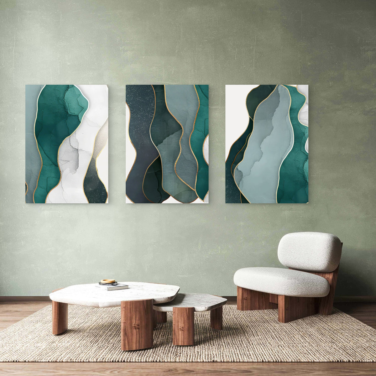 3pcs Teal Green Gold Abstract Marble Painting Wall Art Set Canvas Framed 50x70cm - High Quality Print 100% Australian Made Wall Canvas Ready to Hang