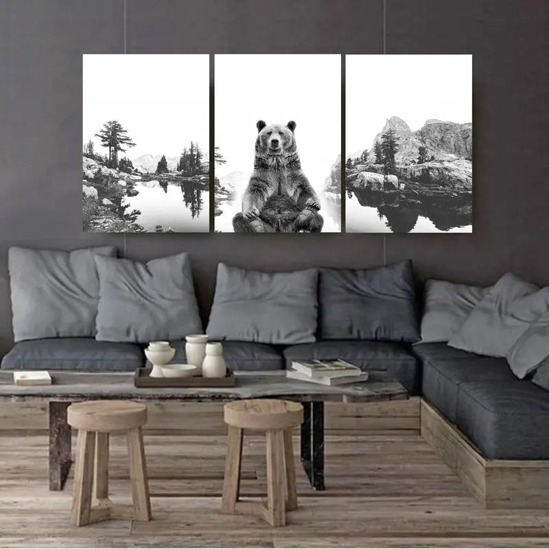 3pcs Grizzly Bear Black & White Nature Wall Art Set Canvas Framed 60x90cm - High Quality Print 100% Australian Made Wall Canvas Ready to Hang