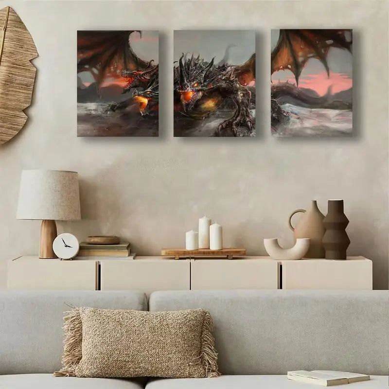 3pcs Mystic Magic Fire Breathing Dragon Fantasy Metal Print Ready to Hang Art