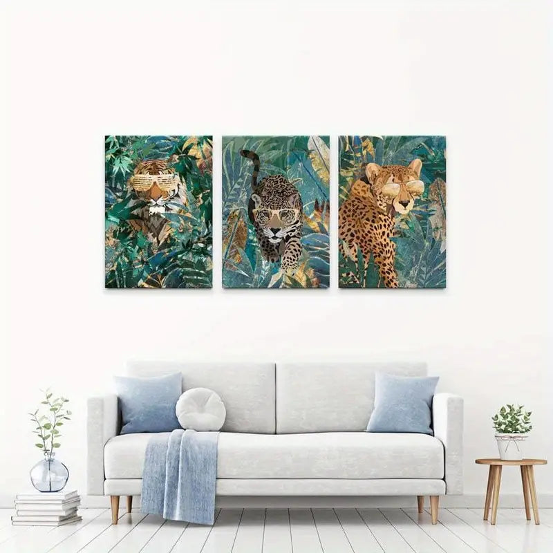 3pcs Leopard Cheetah Tiger Jungle Trio Wall Art Set Canvas Framed 60x90cm - High Quality Print 100% Australian Made Wall Canvas Ready to Hang