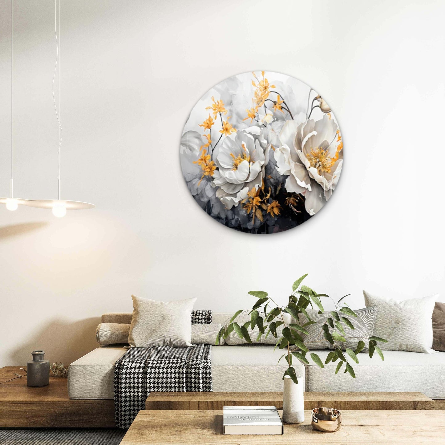 Blue Toned White Flowers Black and White Acrylic Glass Rounded Print Tempered Glass Wall Art 100% Made in Australia Ready to Hang