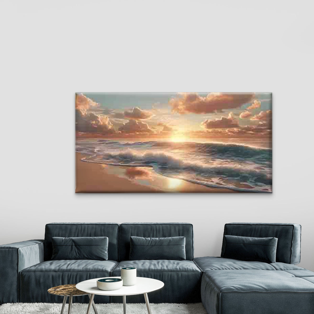 Beach Sunset, with Golden Sun Wall Art Canvas Office Home Room Framed 120x60cm
