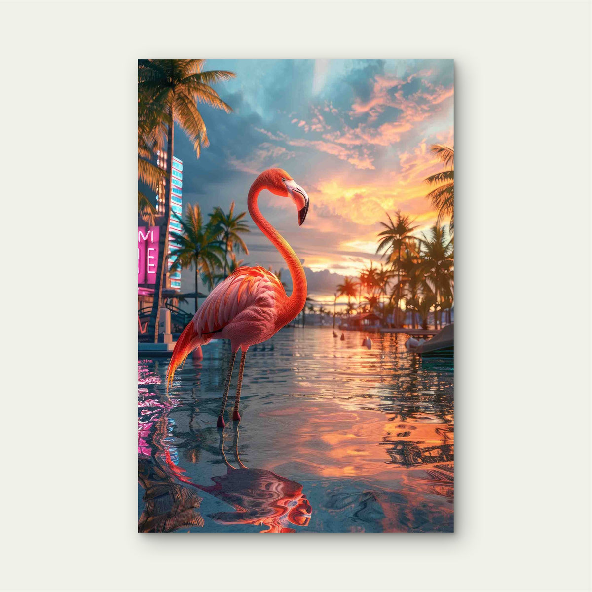 Pink Flamingo Standing on Beach Metal Print Ready to Hang
