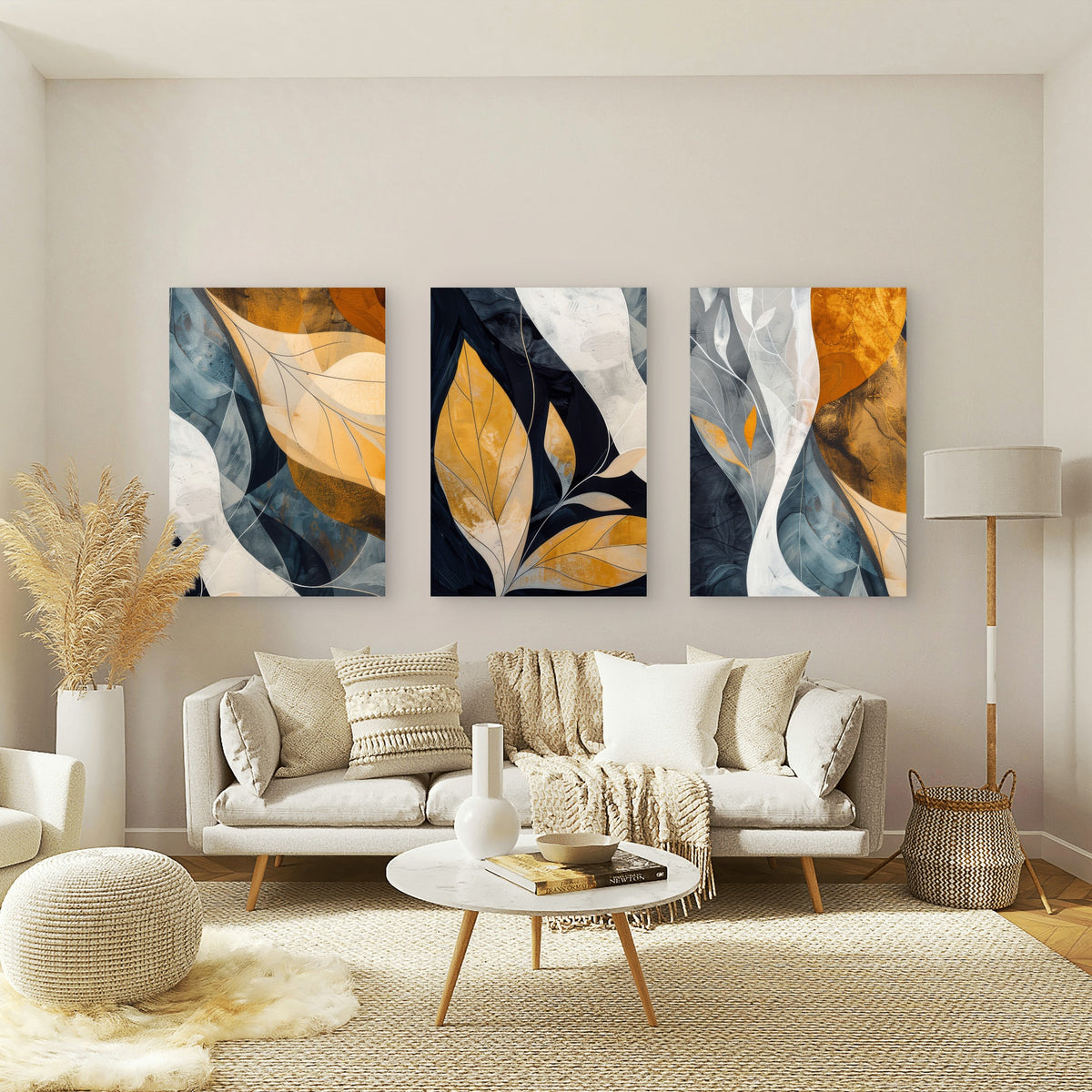 3pcs Abstract Golden Leaf Navy Blue Wall Art Set Canvas Framed 60x90cm - High Quality Print 100% Australian Made Wall Canvas Ready to Hang