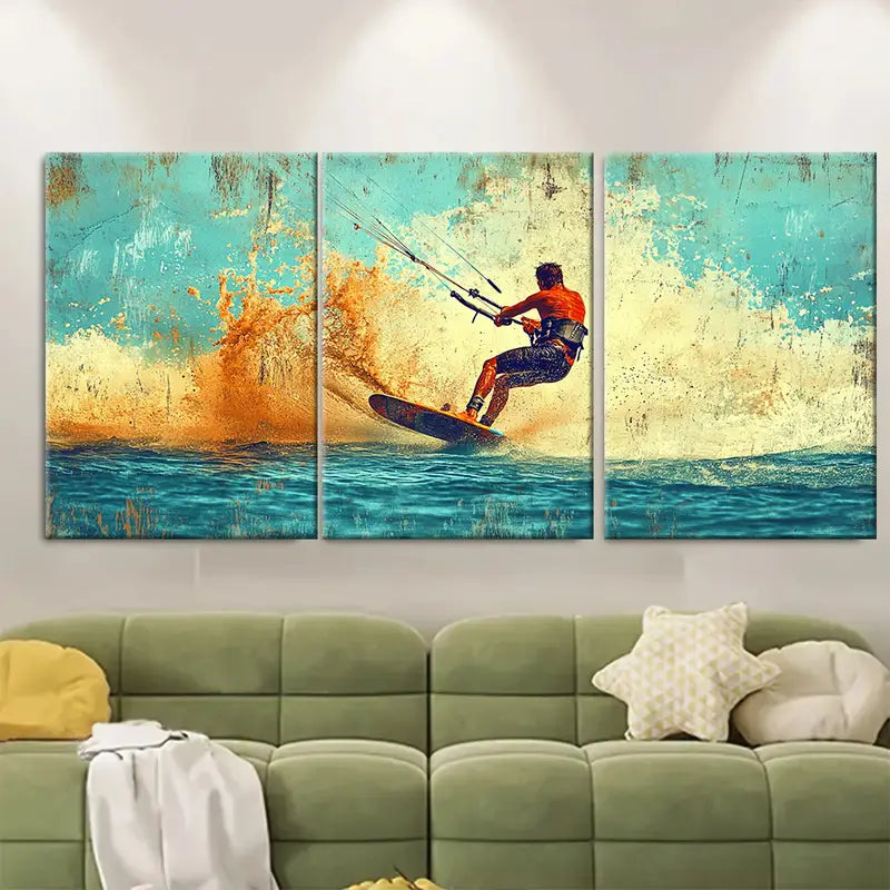 3pcs Wakeboarding & Kitesurfing Ocean Art Wall Art Set Canvas Framed 50x70cm - High Quality Print 100% Australian Made Wall Canvas Ready to Hang
