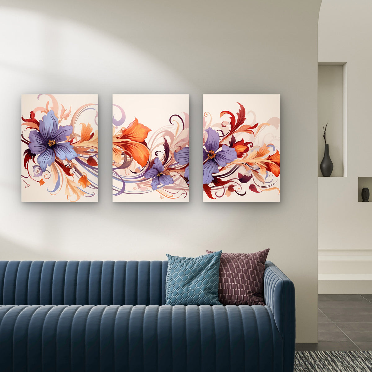 3pcs Purple Orange Floral Swirl Retro Blossom Wall Art Set Canvas Framed 60x90cm - High Quality Print 100% Australian Made Wall Canvas Ready to Hang