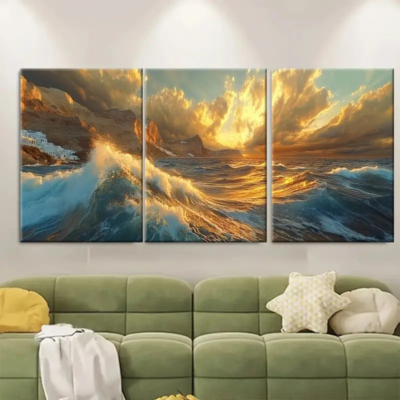 3pcs Santorini Aegean Sea Storm Wall Art Set Canvas Framed 60x90cm - High Quality Print 100% Australian Made Wall Canvas Ready to Hang