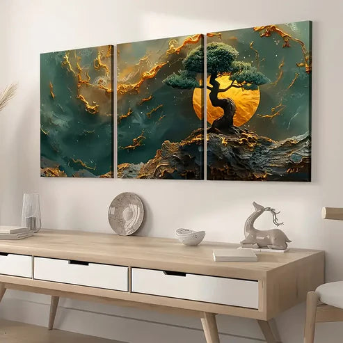3pcs Abstract Art Style Trees And Mountains Art Smooth Wall Art Set Canvas Framed 60x90cm - High Quality Print 100% Australian Made Wall Canvas Ready to Hang