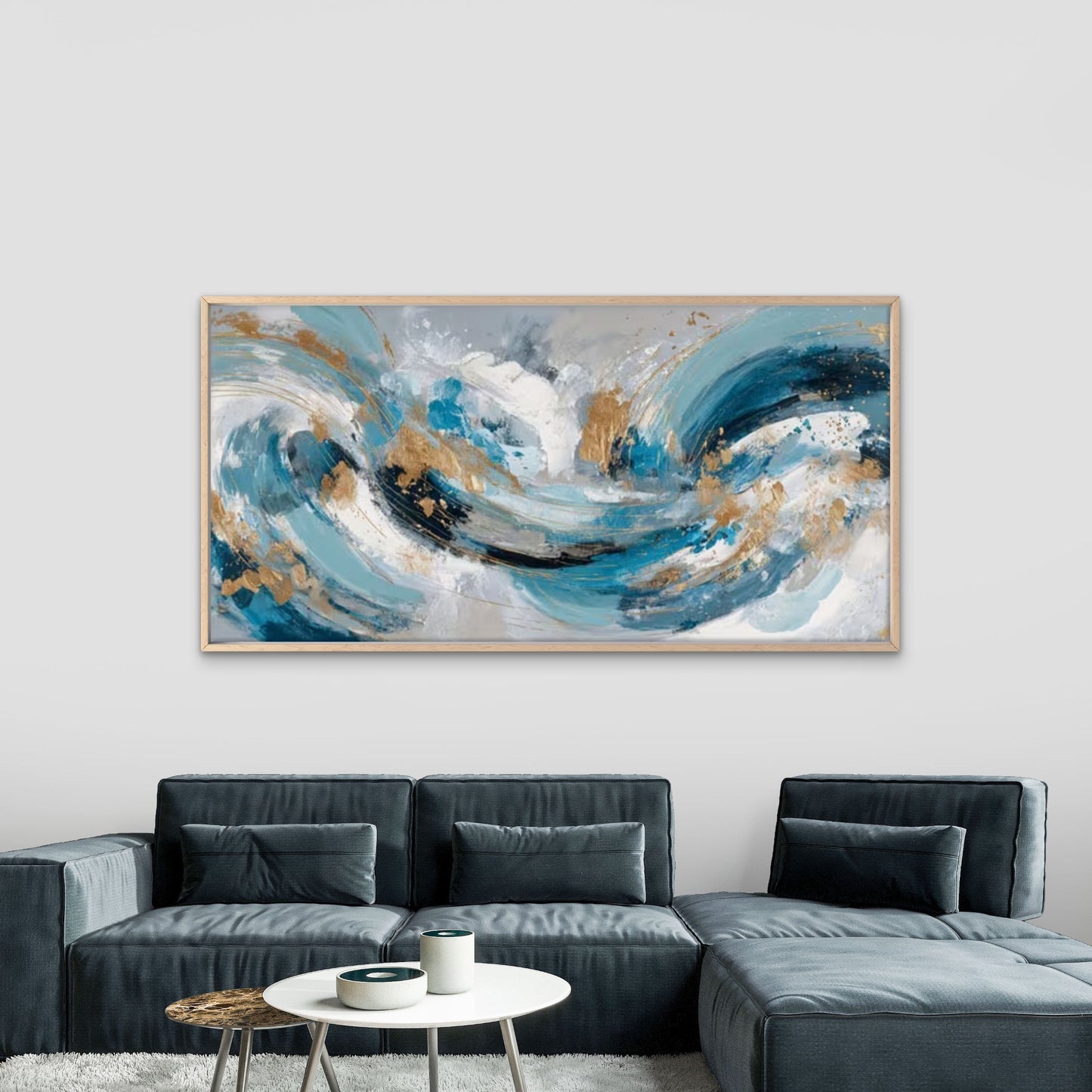 Blue Golden Turquoise Waves Wall Art Canvas Office Home Room Framed 120x60cm