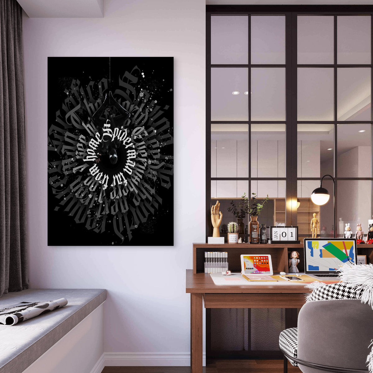 Monochrome Black & White Gothic Typography 40x60cm Metal Print Ready to Hang