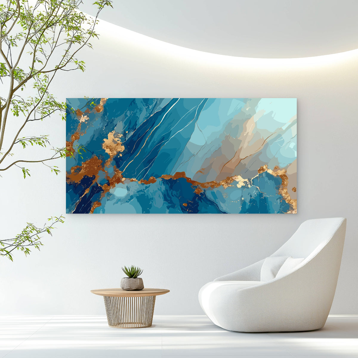 Azure Gilded Marble Fluid Wall Art Canvas Office Home Room Framed 120x60cm