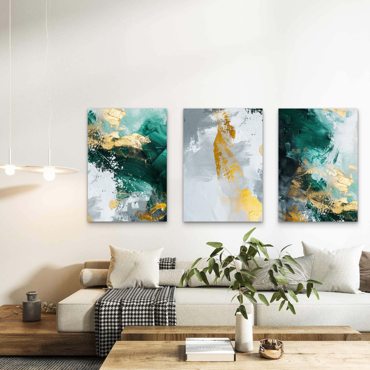 3pcs Modern Emerald Gold Abstract Wall Art Set Canvas Framed 40x60cm - High Quality Print 100% Australian Made Wall Canvas Ready to Hang