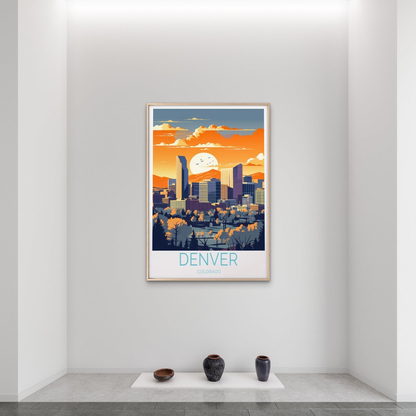 Denver Colorado, Skyscrapers and Sunset Travel Poster Print Wall Art