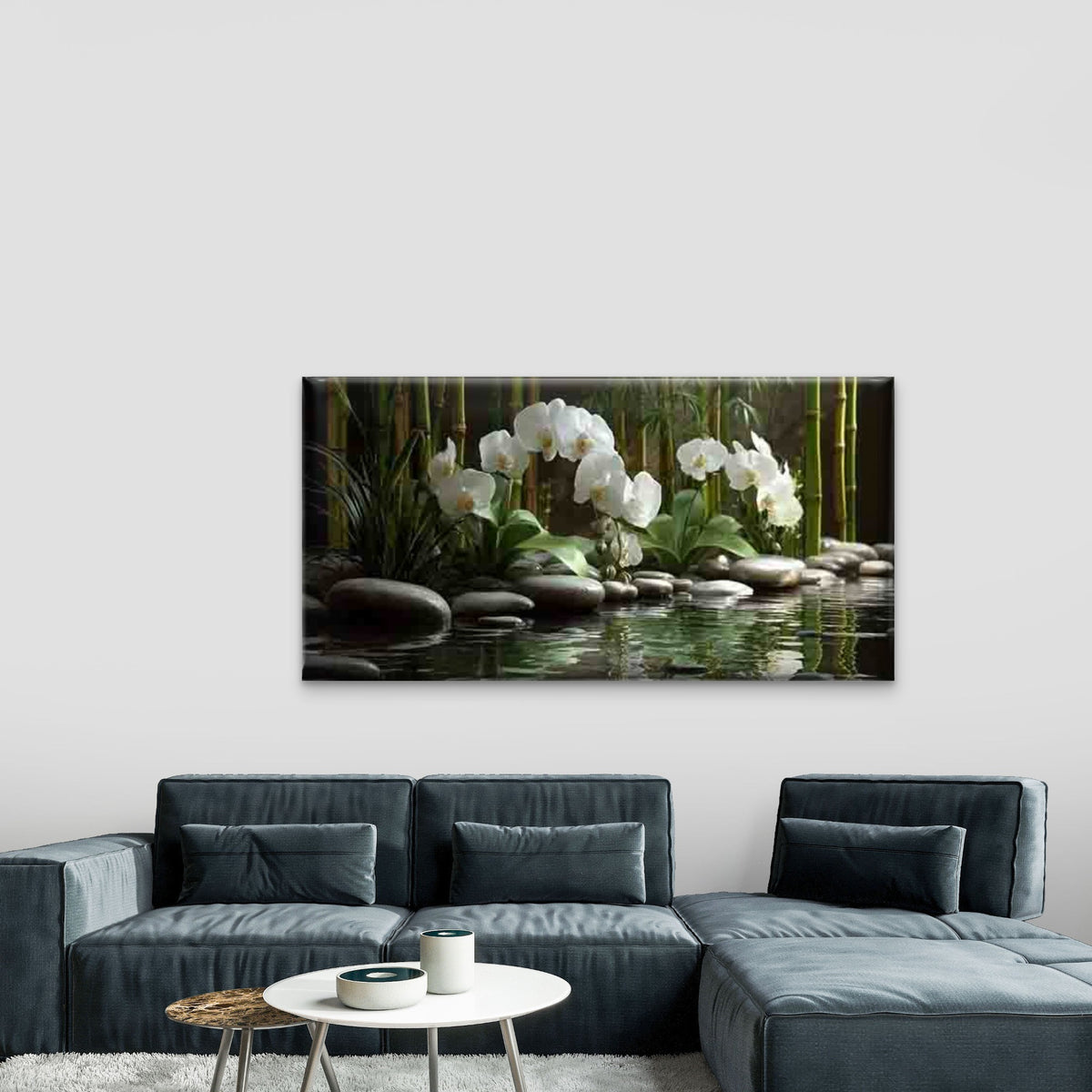 Bamboo Pond with White Orchids Wall Art Canvas Office Home Room Framed 120x60cm