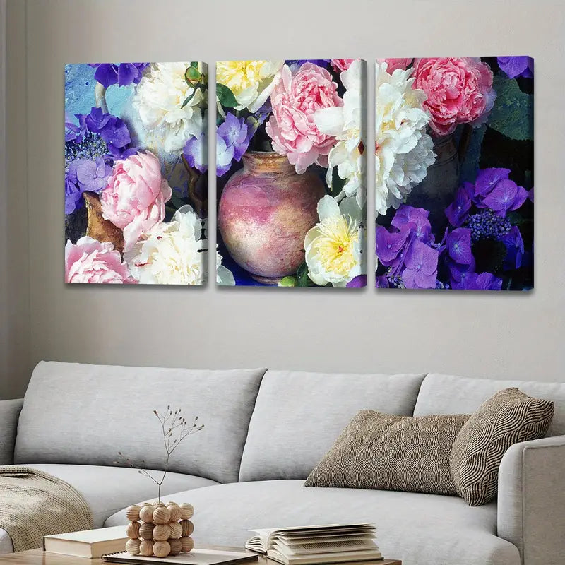 3pcs Peonies & Hydrangeas Floral Poster Wall Art Set Canvas Framed 60x90cm - High Quality Print 100% Australian Made Wall Canvas Ready to Hang