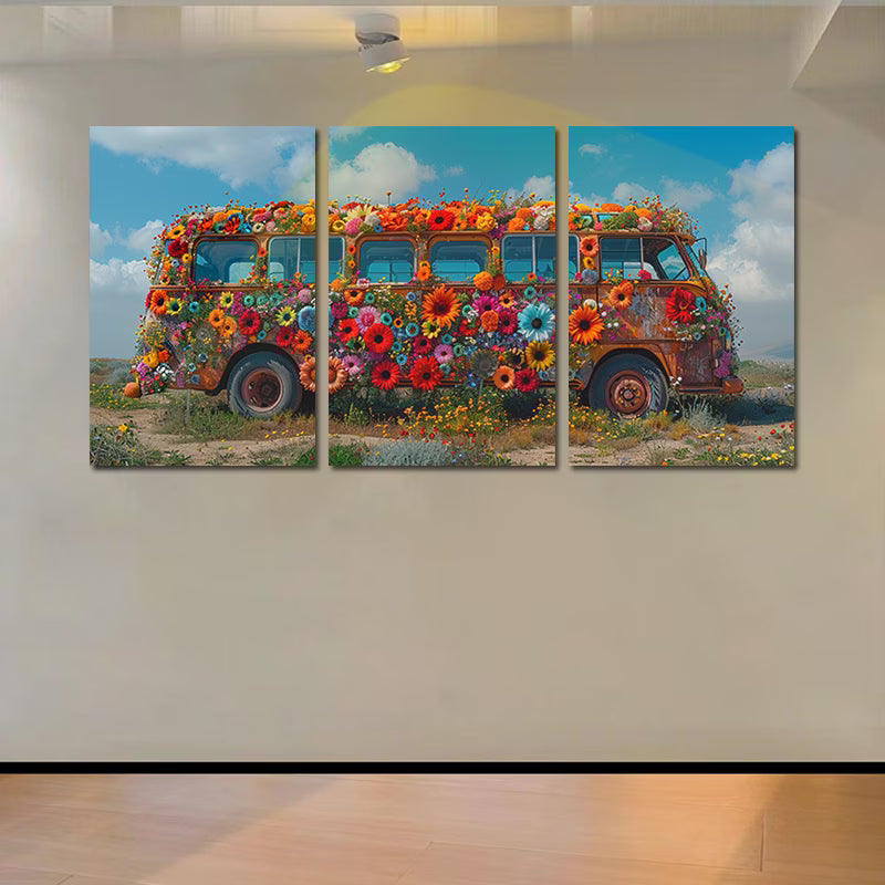 3pcs Vibrant Floral Bus Design Wall Art Set Canvas Framed 40x60cm - High Quality Print 100% Australian Made Wall Canvas Ready to Hang