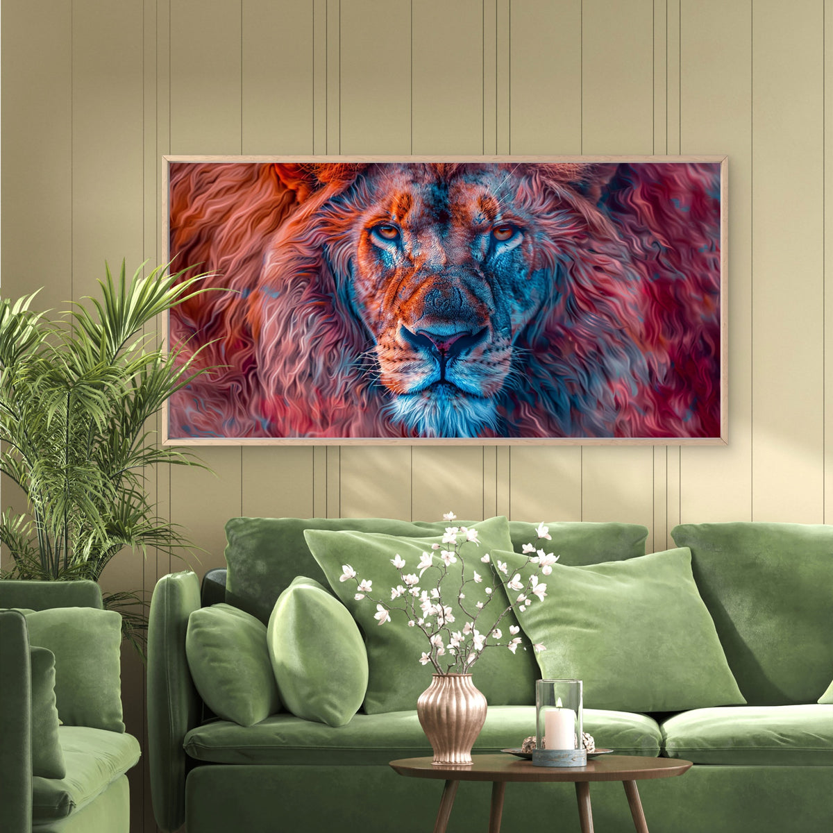 Vibrant Red Blue Lion Wall Art Canvas Office Home Room Framed 120x60cm