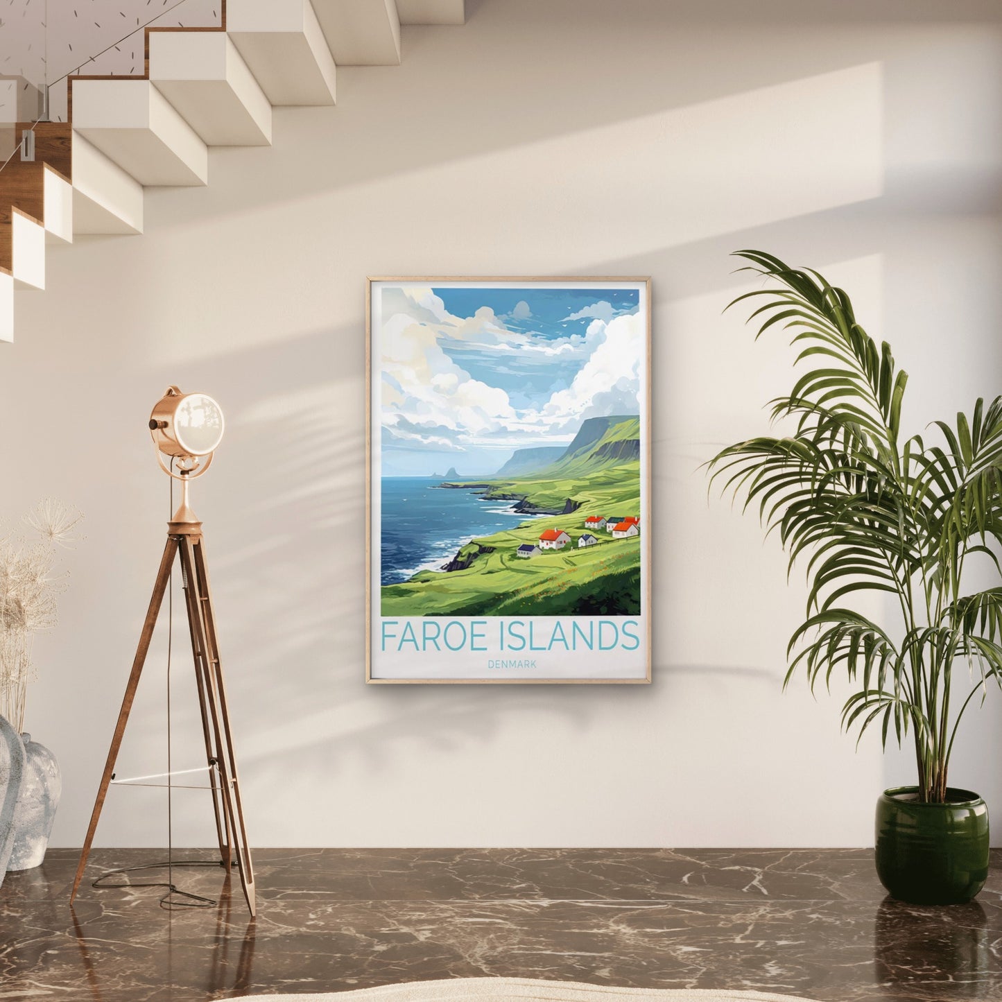 Faroe Islands, Beach & Grassland Houses Travel Poster Print Wall Art