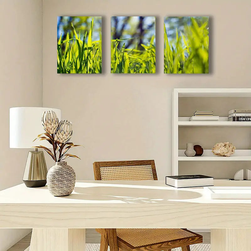 3pcs Vibrant Green & Blue Spring Grass Metal Print Ready to Hang Art