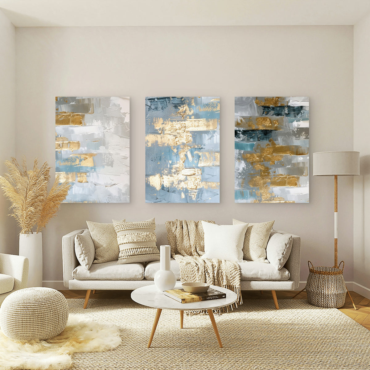 3pcs Blue Gold Metallic Textured Abstract Modern Wall Art Set Canvas Framed 40x60cm - High Quality Print 100% Australian Made Wall Canvas Ready to Hang