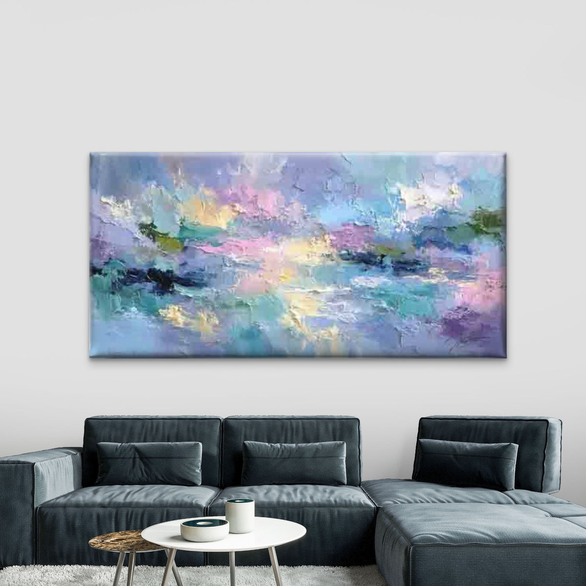 Pastel Pink & Blue Abstract Wall Art Canvas Office Home Room Framed 120x60cm