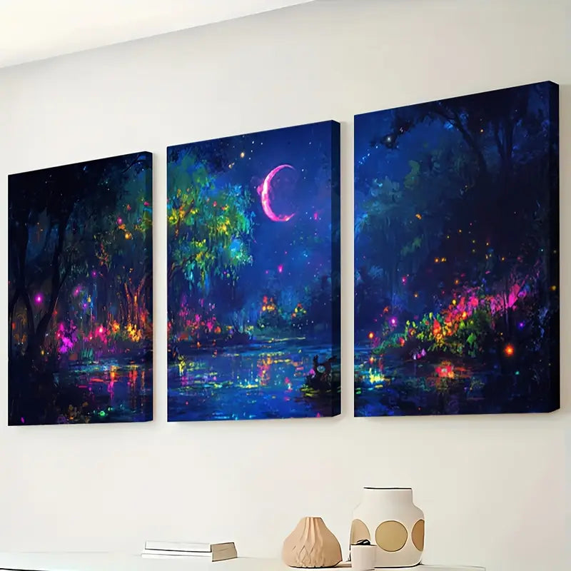 3pcs Moonlit Rainforest Night Scene Australia Wall Art Set Canvas Framed 60x90cm - High Quality Print 100% Australian Made Wall Canvas Ready to Hang