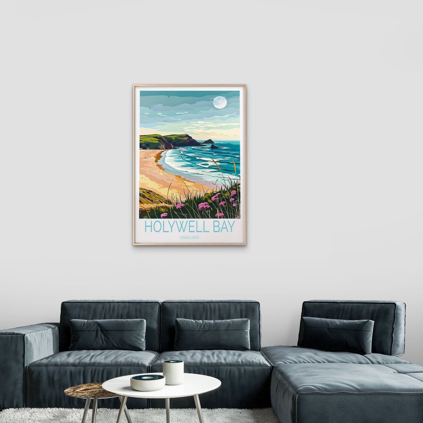 Holywell Bay England, Beach and Moon Travel Poster Print Wall Art