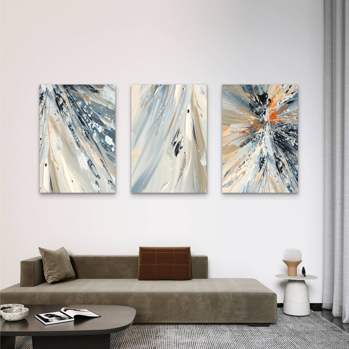 3pcs Beige Grey Orange Splash Abstract Wall Art Set Canvas Framed 60x90cm - High Quality Print 100% Australian Made Wall Canvas Ready to Hang