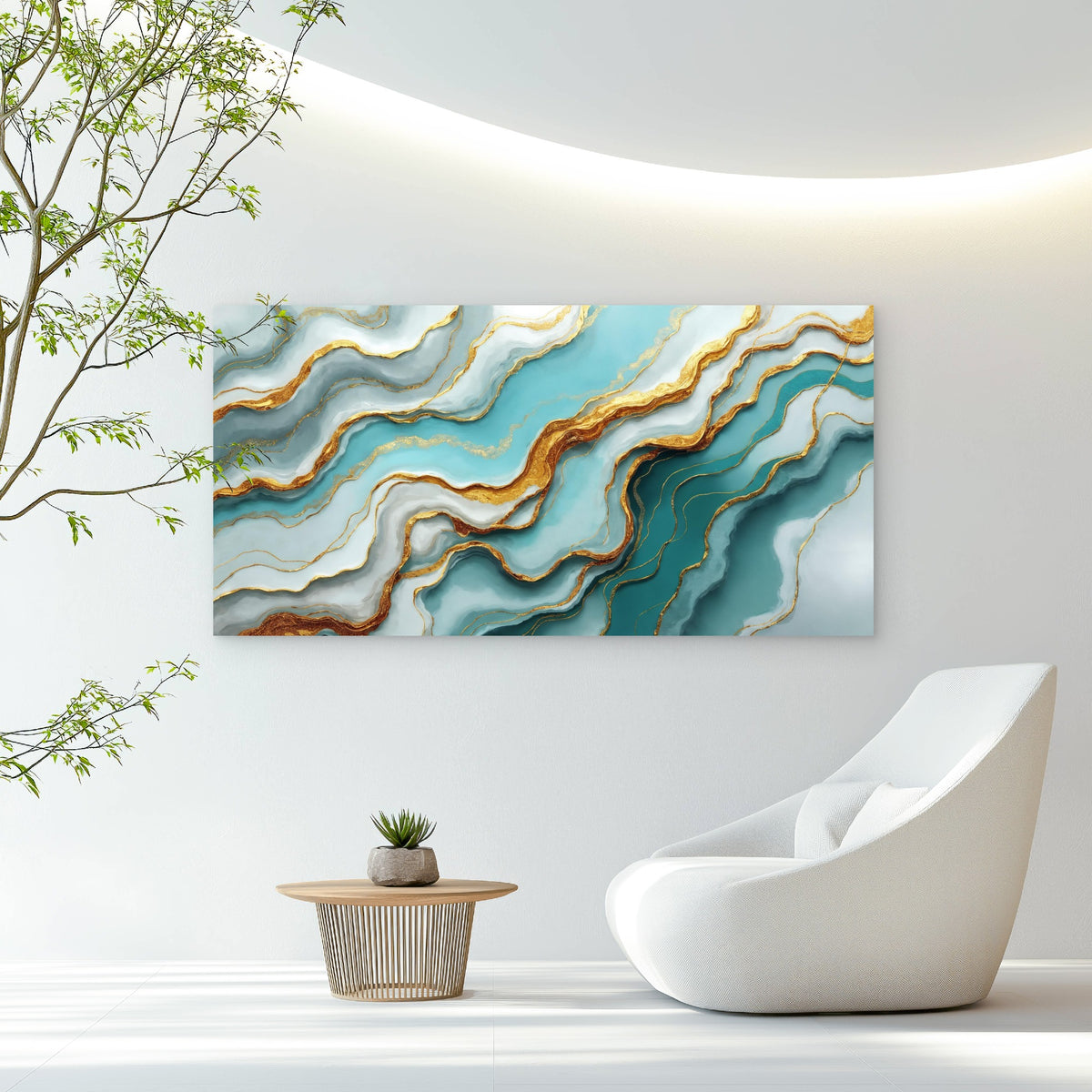 Turquoise Tides Gilded Ripples Wall Art Canvas Office Home Room Framed 120x60cm