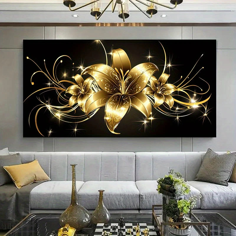 Black & Golden Floral Lily Wall Art wall canvas office home room framed 120x60cm - Bella Home Decor