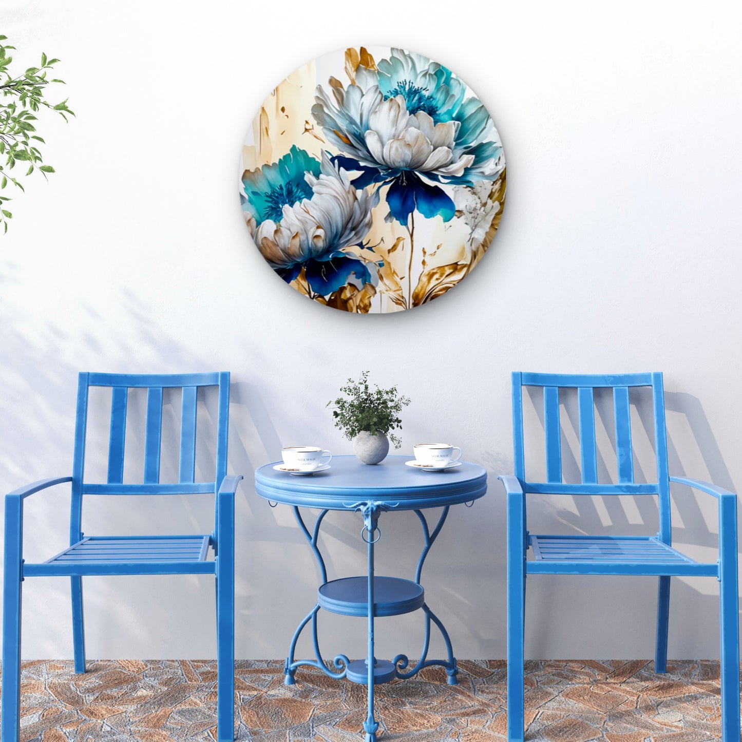 Botanical Flowers Gold Blue Design Acrylic Glass Rounded Print Tempered Glass Wall Art 100% Made in Australia Ready to Hang