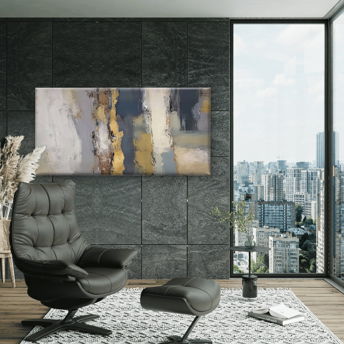Abstract Grey Gold Foil Wall Art Canvas Office Home Room Framed 120x60cm