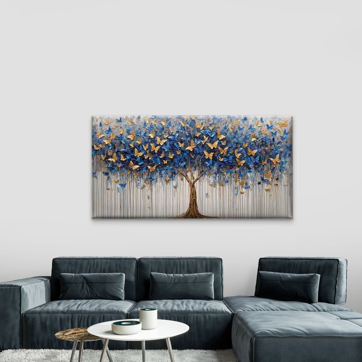 Blue and Golden Butterfly Tree Wall Art Canvas Office Home Room Framed 120x60cm