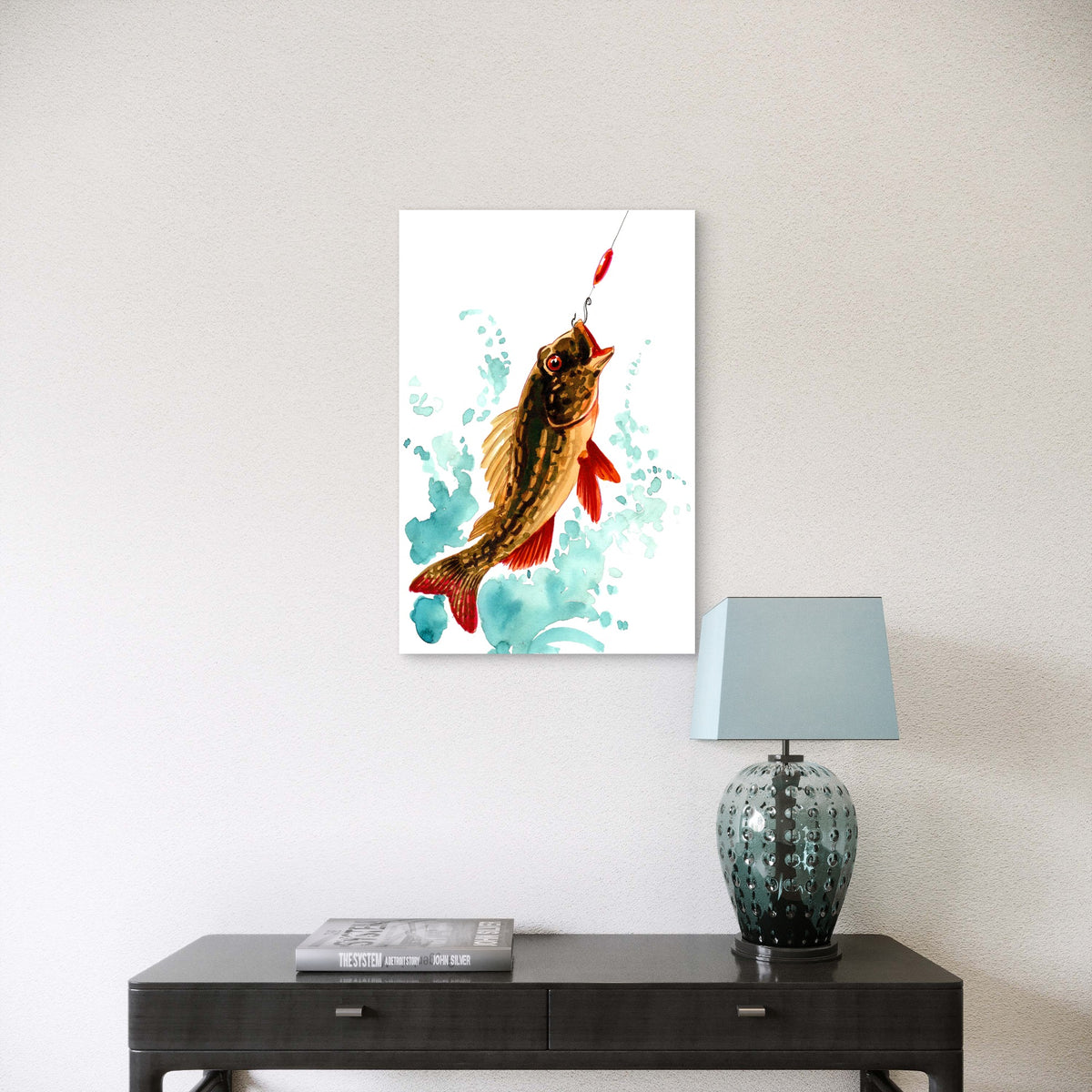 Fish Biting a Fishing Hook 60x90cm Metal Print Ready to Hang