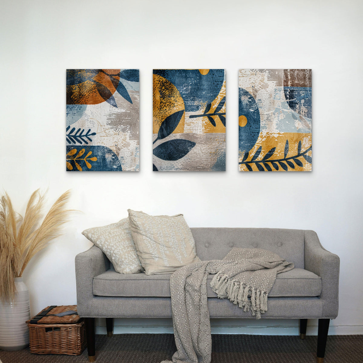 3pcs Abstract Mid Century Blue and Gold Boho Wall Art Set Canvas Framed 40x60cm - High Quality Print 100% Australian Made Wall Canvas Ready to Hang