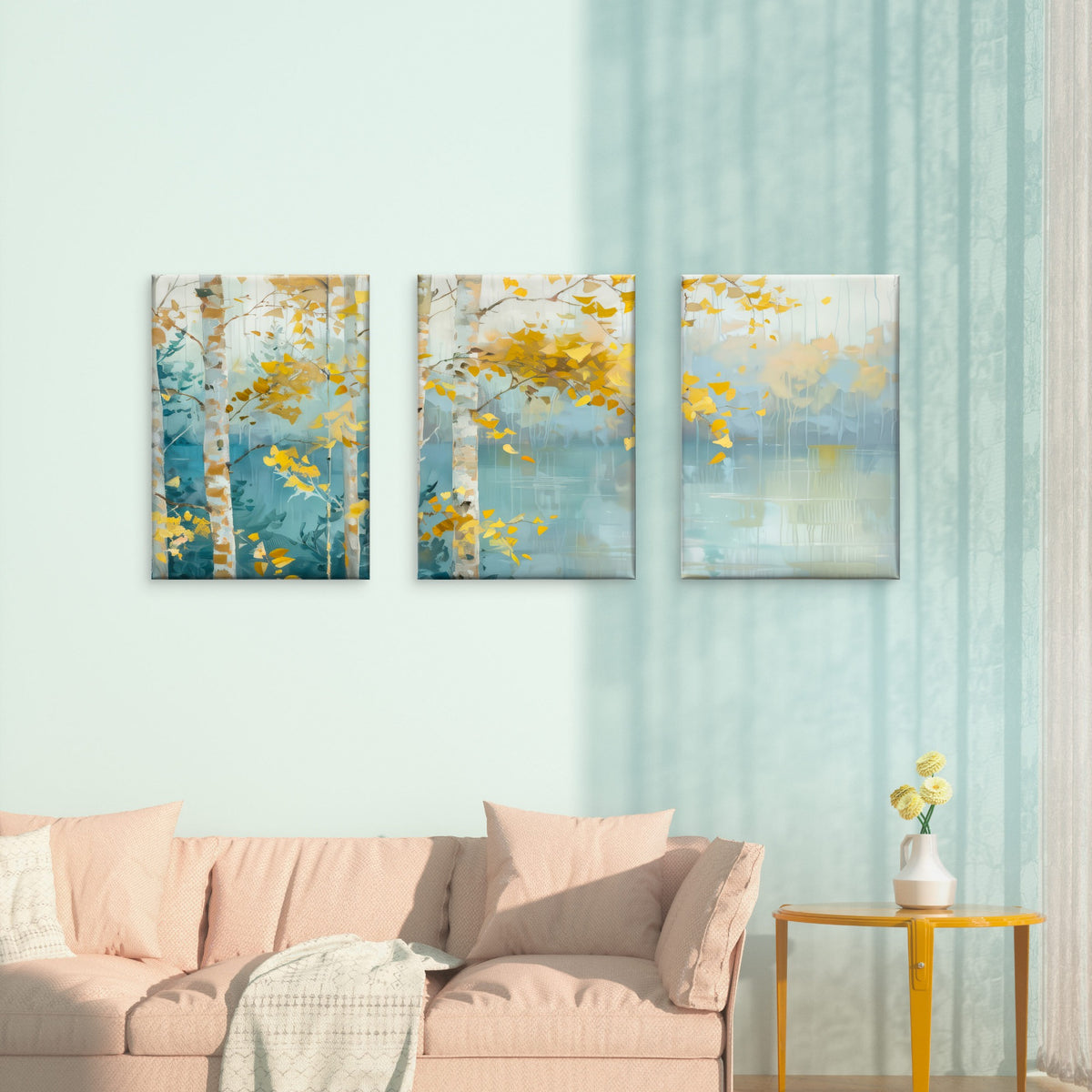 3pcs Abstract Autumn Birch Trees Yellow & Teal Wall Art Set Canvas Framed 60x90cm - High Quality Print 100% Australian Made Wall Canvas Ready to Hang