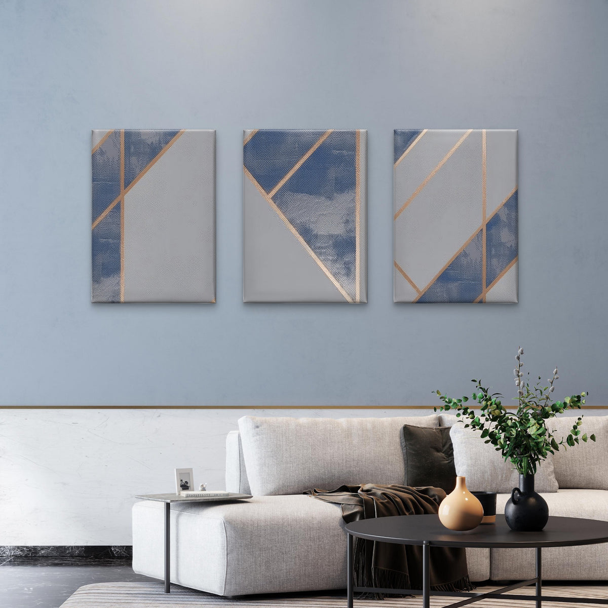 3pcs Abstract Navy Grey Geometric Gold Line Wall Art Set Canvas Framed 60x90cm - High Quality Print 100% Australian Made Wall Canvas Ready to Hang