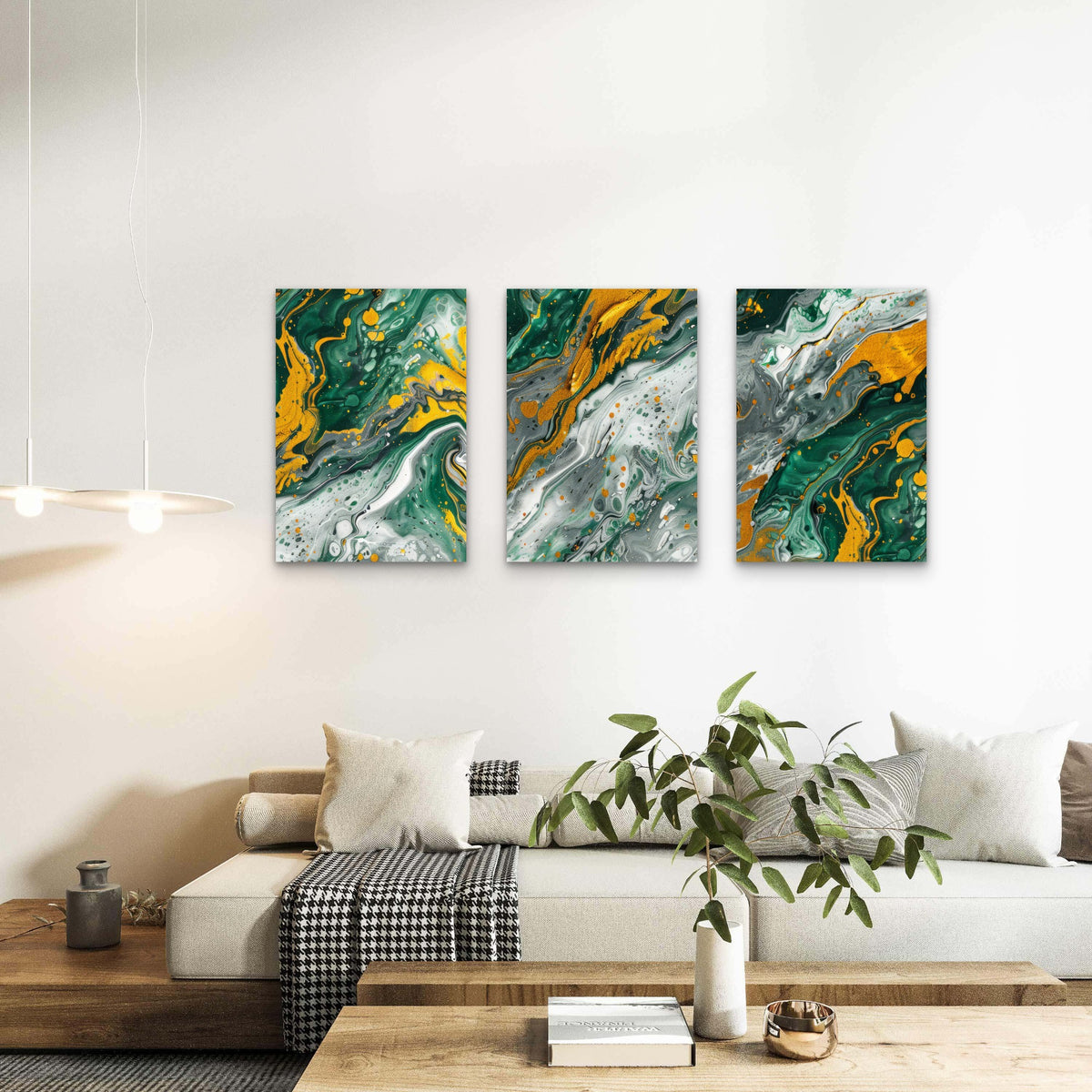 3pcs Modern Emerald Green Gold Fluid Acrylic Wall Art Set Canvas Framed 50x70cm - High Quality Print 100% Australian Made Wall Canvas Ready to Hang